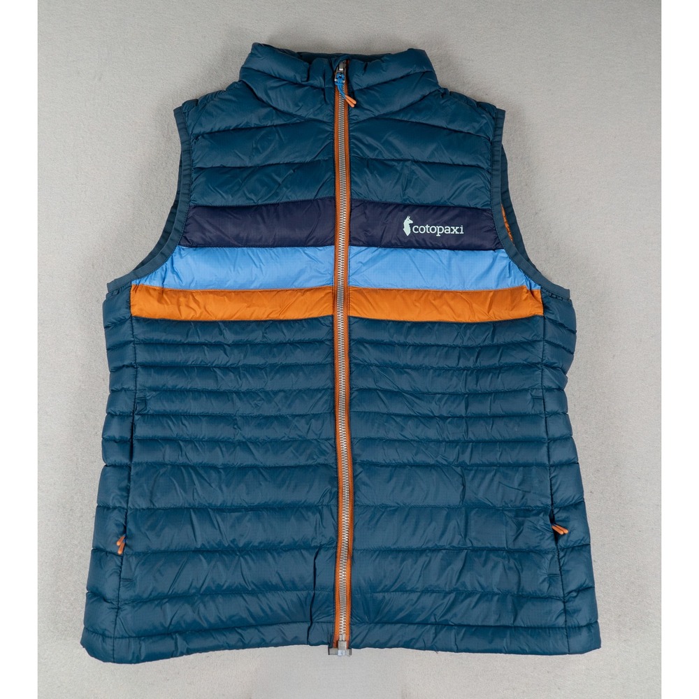 Cotopaxi Womens Fuego Down Puffer Vest Striped Blue Orange XS Gorpcore